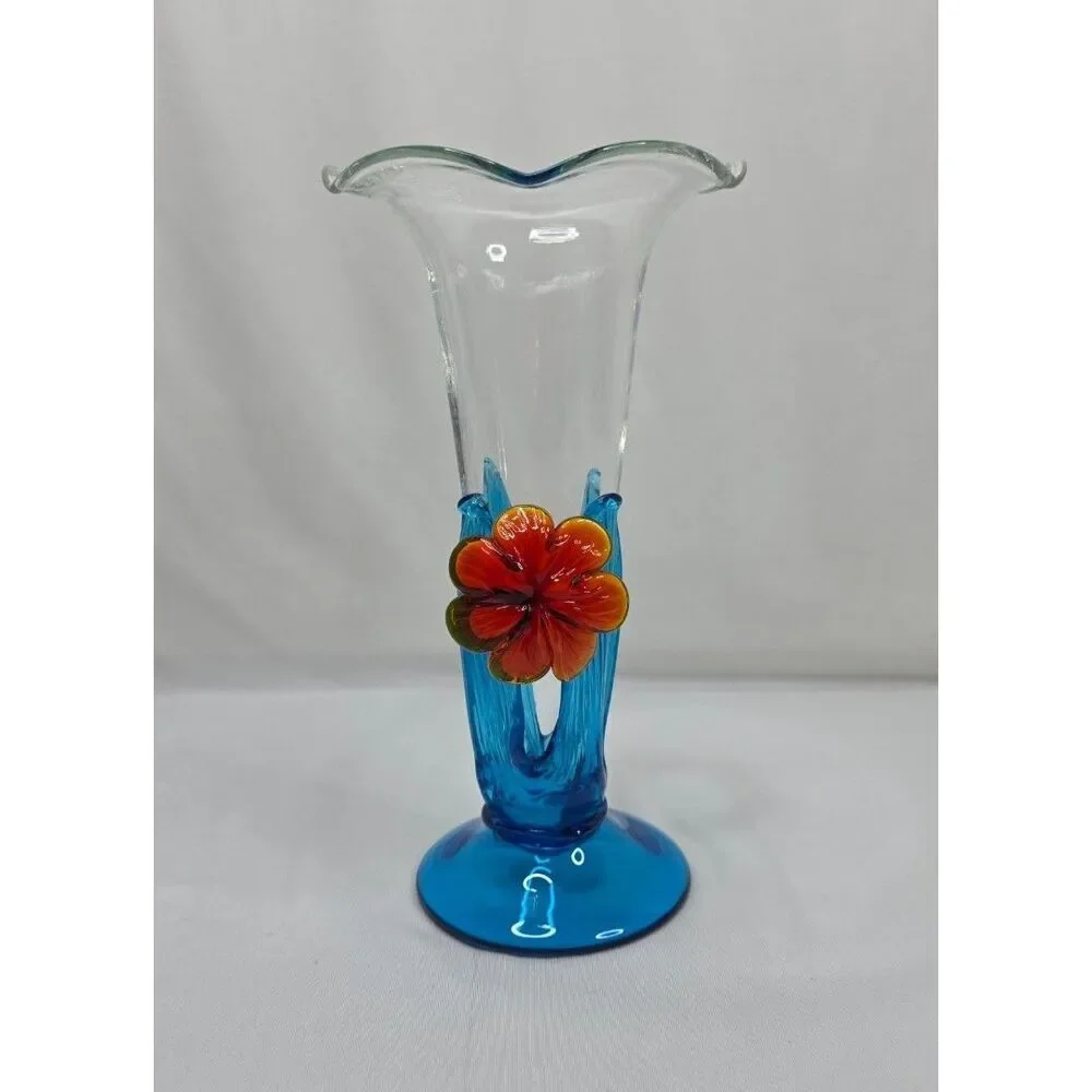 Vintage Murano Style Art Glass Vase | Blue Waves w/ Orange Flower | Hand Blown